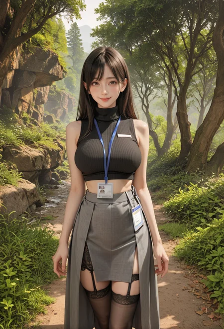 ,ruanyi0910,forest,outdoors,,ruanyi0897,black thighhighs,garter straps,turtleneck,id card,lanyard,grey skirt,crop top,black sleeveless sweater,long skirt,<lora:0910 forest_v1_pony:0.7>,<lora:0897 Home wear 3_v1_pony:0.7>, score_9, score_8_up, score_7_up, score_6_up, score_9, score_8_up, score_7_up, score_6_up source_anime, blush, 1girl, seduce smile, perfect body , natural huge breasts
