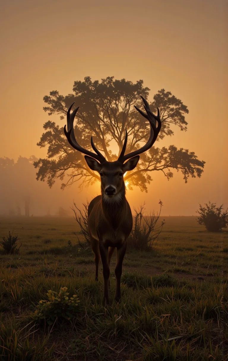 A photograph of a deer standing in the middle of a misty landscape during sunset, with a tree in the background. the deer, a male, is facing the viewer and looking directly at them, with its large antlers standing out against the warm orange and yellow hues of the setting sun. it appears to be a young deer, standing in a grassy field with a few scattered bushes and trees in the distance, with the sun partially hidden behind the tree, casting a golden glow over the scene. the overall mood of the image is peaceful and serene, capturing the beauty of nature in its natural habitat.