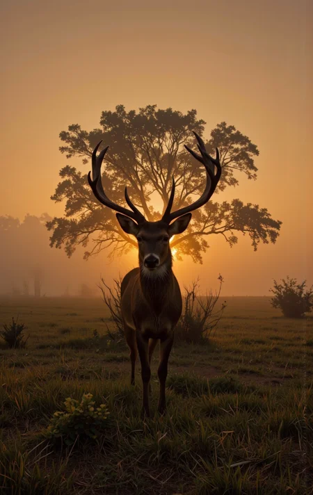 A photograph of a deer standing in the middle of a misty landscape during sunset, with a tree in the background. the deer, a male, is facing the viewer and looking directly at them, with its large antlers standing out against the warm orange and yellow hues of the setting sun. it appears to be a young deer, standing in a grassy field with a few scattered bushes and trees in the distance, with the sun partially hidden behind the tree, casting a golden glow over the scene. the overall mood of the image is peaceful and serene, capturing the beauty of nature in its natural habitat.