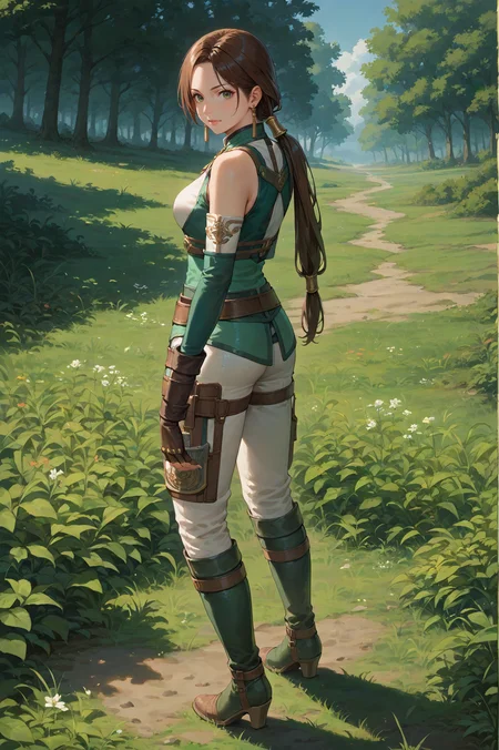 score_9, score_8_up, score_7_up, masterpiece, source_anime, <lora:Yueying_Dynasty_Warriors:0.7> 1girl, solo, green eyes, brown hair, long hair, ponytail, earrings, jewelry, fingerless gloves, boots, looking at viewer, outdoors