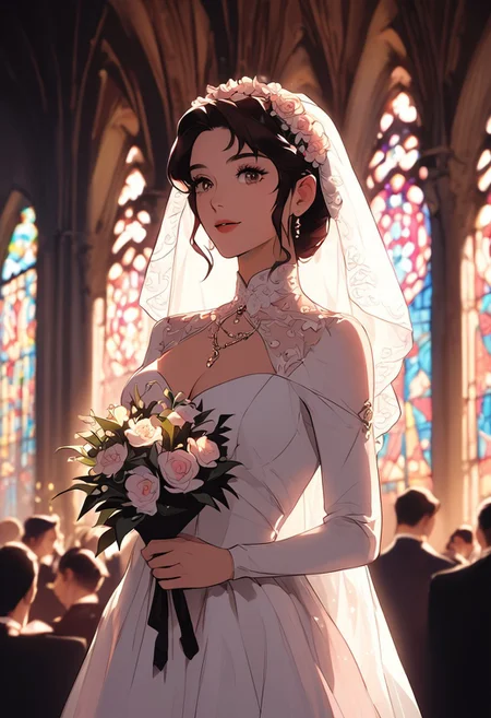 masterpiece,best quality, highly detailed, score_9, score_8_up, score_7_up, score_6_up, source_cartoon,
 BREAK
1MILF, bridesmaid dress, (church balcony: organ music) gagging him with veil fabric  
BREAK  
holding bouquet over edge to hide action, petals falling into crowd below  
BREAK  
stained glass light patterns, hymnal book pages flipping  
 BREAK
dynamic light, warm_light, vibrant colors warm_colors, soft focus, high contrast, textured surfaces, depth of field, golden hour lighting, dramatic shadows, rich details, nature-inspired color palette, playful composition.
,dynamic angle,dynamic light,background,