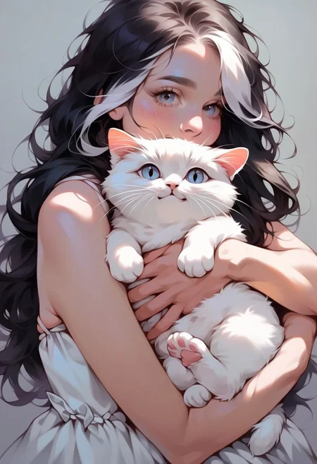 ,Score_9, score_8, score_7, realistic, 1woman, long black hair, white highlights, cute dress, hugging cat, p3tl0v3,