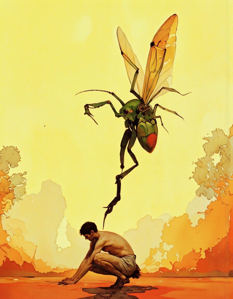 Art by Jeffrey Catherine Jones. A surreal, surrealistic painting from a top-down perspective, depicting a male figure in a crouched position against a large, green insect. the figure appears to be a man, with short black hair, and is completely nude. he is positioned in the middle of the image, with his upper body visible and his hands gripping the ground. the insect is positioned to the right of the figure, with its legs spread wide, as if it is about to take flight. the background is a gradient of yellow and orange hues, with a soft, dreamy atmosphere. the style is reminiscent of modern art, with bold lines and vibrant colors that bring the scene to life. the overall effect is one of surrealism and surrealism.