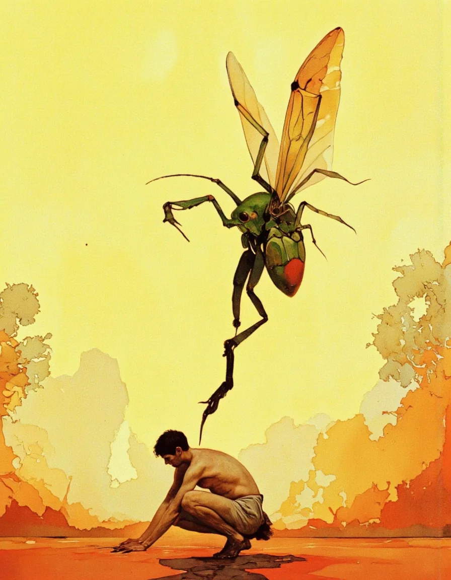 Art by Jeffrey Catherine Jones. A surreal, surrealistic painting from a top-down perspective, depicting a male figure in a crouched position against a large, green insect. the figure appears to be a man, with short black hair, and is completely nude. he is positioned in the middle of the image, with his upper body visible and his hands gripping the ground. the insect is positioned to the right of the figure, with its legs spread wide, as if it is about to take flight. the background is a gradient of yellow and orange hues, with a soft, dreamy atmosphere. the style is reminiscent of modern art, with bold lines and vibrant colors that bring the scene to life. the overall effect is one of surrealism and surrealism.