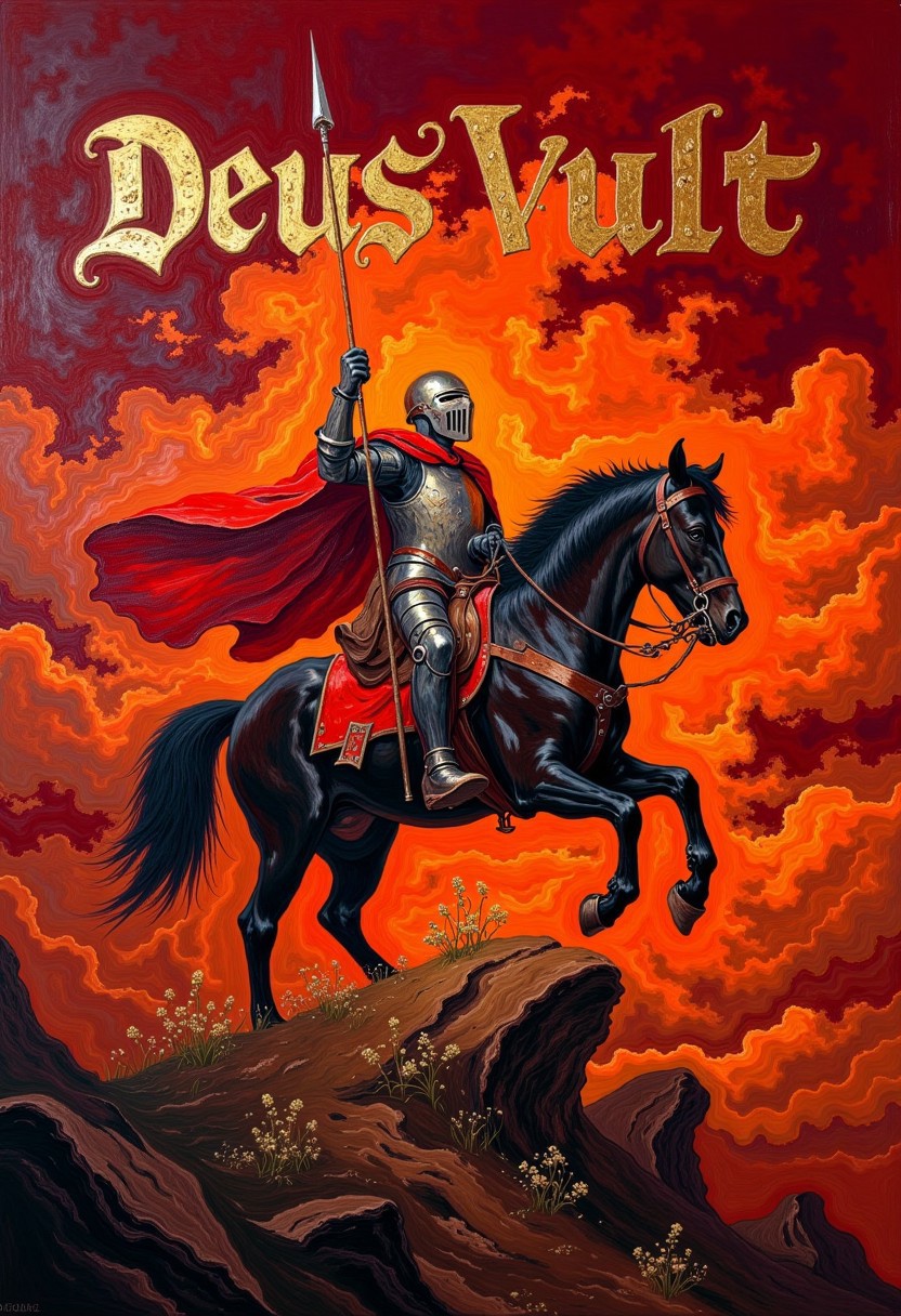 oil painting of a knight crusader on horseback with a pike pointed to the sky. Cloudy dark red sky.Text on screen in large golden rennaisance font "DEUS VULT" DB4RZ, DB4RZ style painting