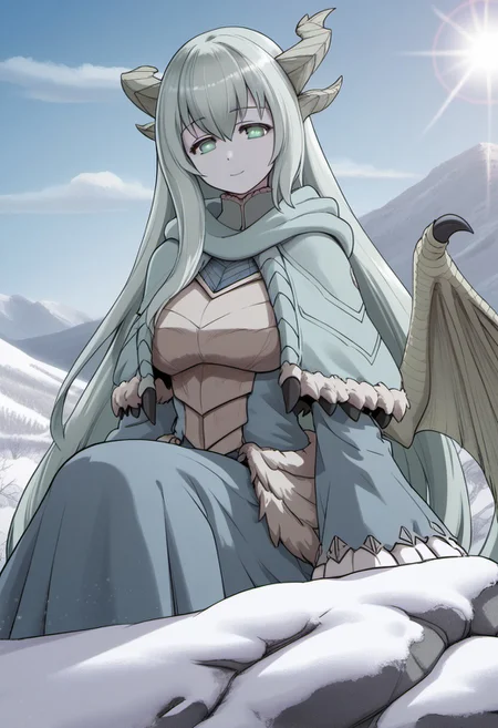 masterpiece,best quality,score_9, score_8_up, score_7_up, score_6_up,source_anime,<lora:PAARTHURNAX:0.9>, PAARTHURNAX,(gentle smile,half closed eyes,looking at viewer),(dragon horns, broken horn, dragon girl, dragon wings, very long hair, green hair, hair between eyes, green eyes,big breasts, 
capelet, dress),(upper body,from below,close to viewer),(sitting on rock),(deep shadows,colorful,gorgeous light and shadow),(winter clear blue sky without a cloud in the sky,blue sky,clear sky,snow mountain,snow field,lens flare,snow on rock,light blue theme,cool lighting)
