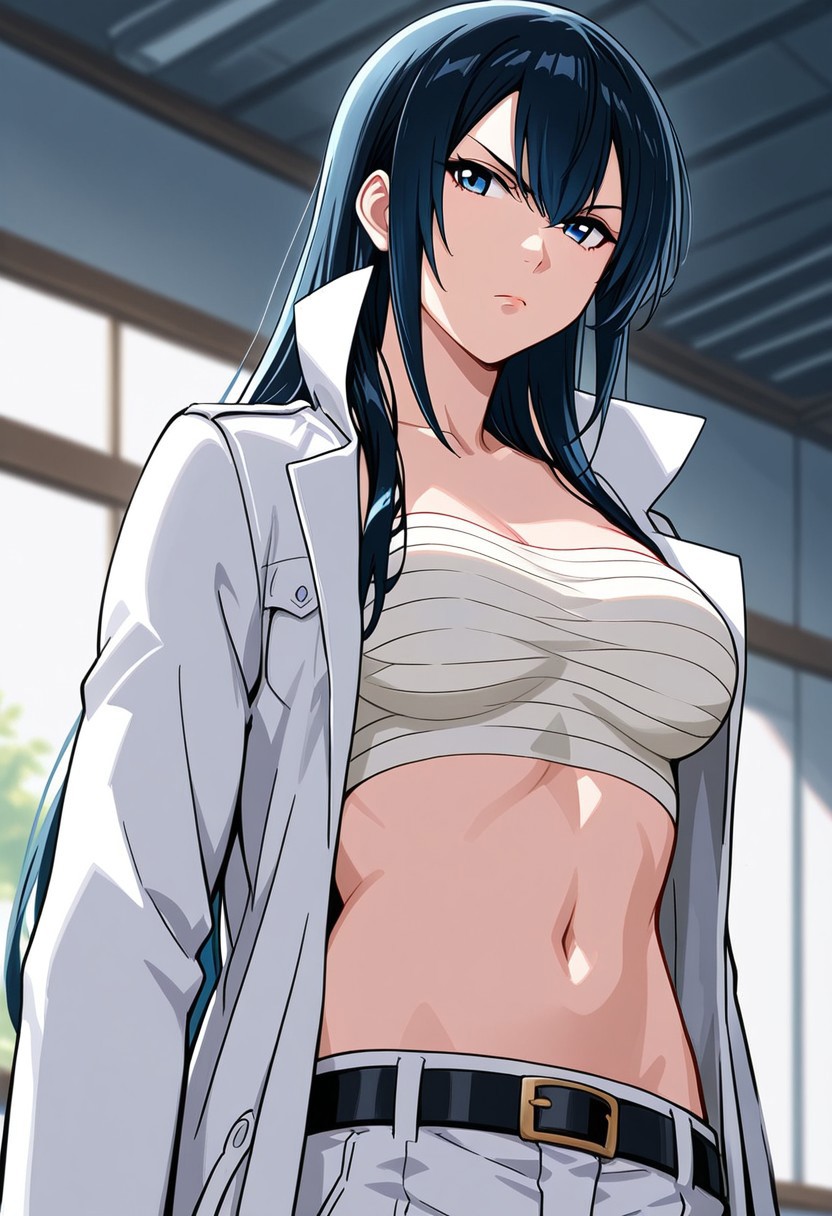 masterpiece, very aesthetic,8k,masterpiece, best quality, upper body, 1girl, aoikuni, dark hair, chest sarashi, midriff, navel, white trench coat, cargo pants, 1girl, sarashi, solo, long hair, blue eyes, navel, black hair, midriff, chest sarashi, open clothes, pants, blue hair, coat
, impressionism 1.5, high detail, depth of field, blurred background, dramatic lighting, school corridors,  ,SmoothNegative_Hands