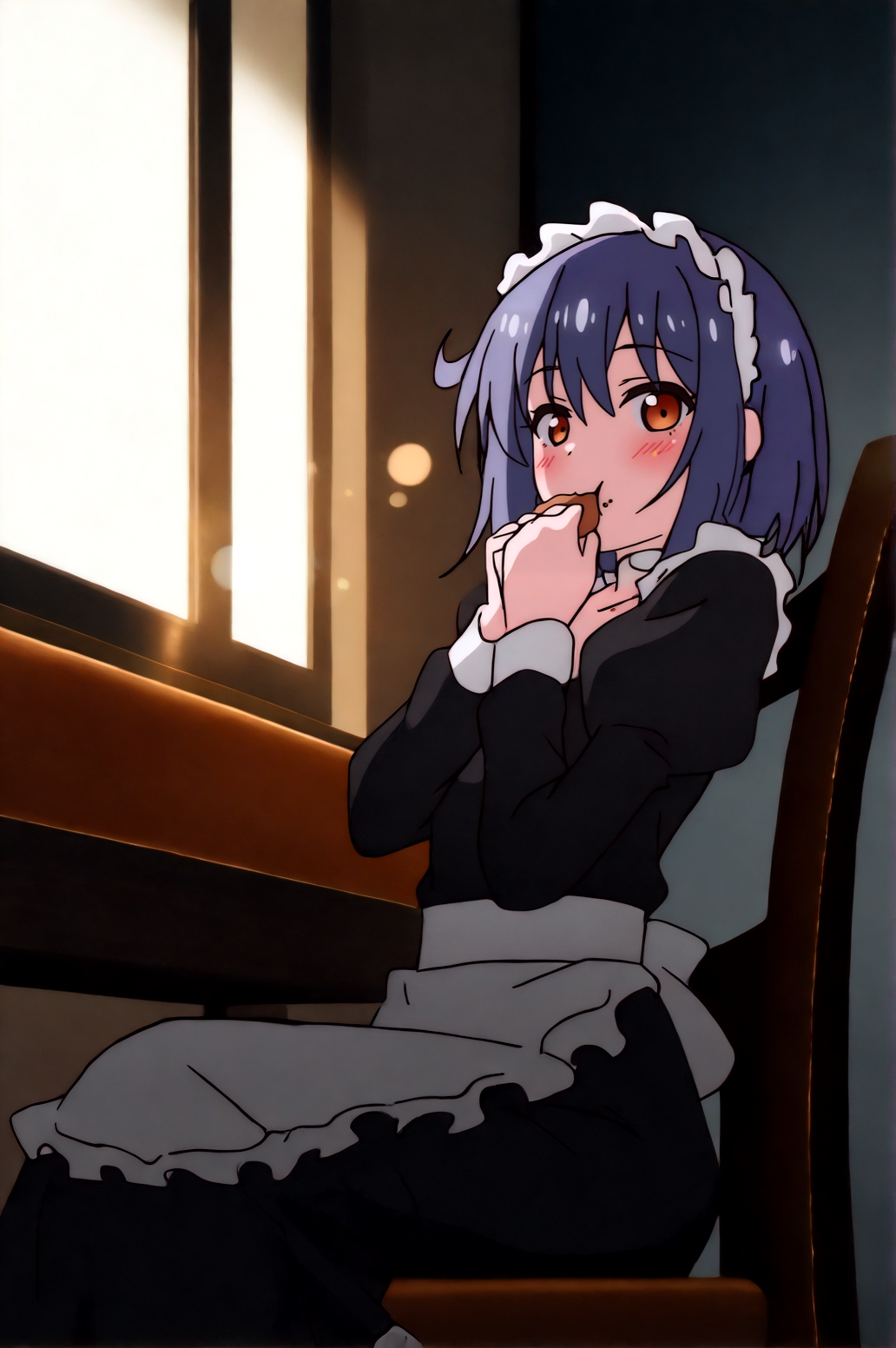 masterpiece, best quality, dark grey background, indoors, cinematic lighting, lens flare, amazing quality, very aesthetic, absurdres, best quality, newest, year 2023,  Suzu, maid costume, chair, eating, food, general, indoors, sitting, solo, blush, looking at viewer,  <lora:JN_Suzu_Illus:0.8>