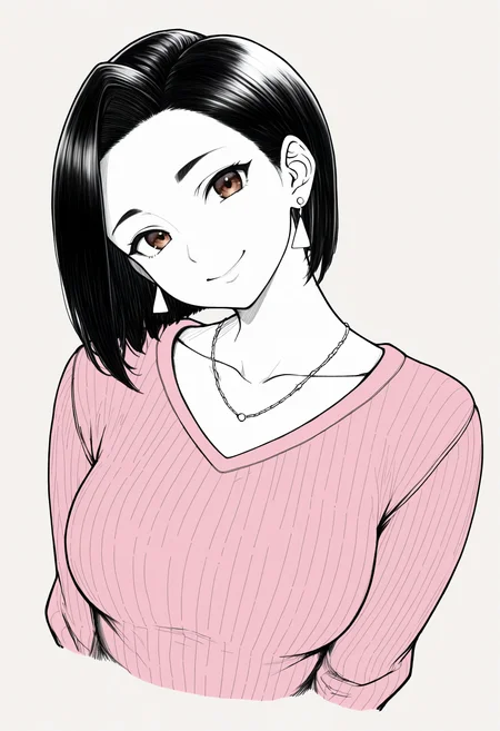 masterpiece, best quality, 1girl, solo, brown eyes, black hair, short hair, asymmetrical bangs, earrings, necklace, pink sweater, ribbed sweater, spot color, greyscale, monochrome, lineart, sketch, graphite \(medium\), traditional media, cropped torso, looking at viewer, smile, head tilt, three quarter view, <lora:ChamYamadaSanaeNoob:1>