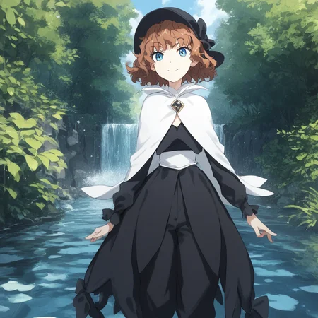 anime coloring, score_9, score_8_up, score_7_up, score_6_up,  mallybath blackbell, toaru, 1girl, solo, hat, brown hair, smile, short hair, blue eyes, capelet, looking at viewer, black headwear, long sleeves, pants, cosplay, dress, bow, closed mouth, standing, black pants