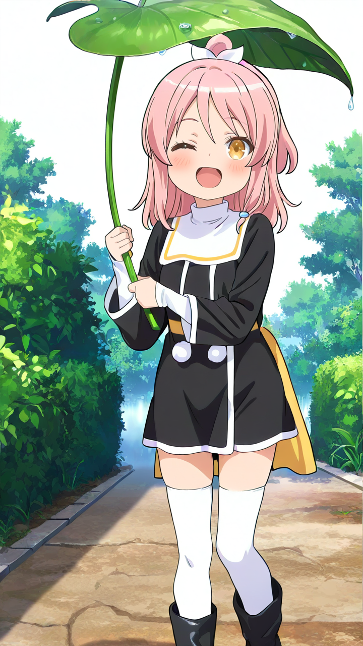 anime screenshot,1girl,<lora:Carrol_Illustrious_v8:1>,Carrol,Carrol-uniform,white_thighhighs,blush,full_shot,looking_at_viewer,white_background,front view,;d,black footwear,leaf umbrella,boots,holding,perfect hands,, masterpiece, best quality