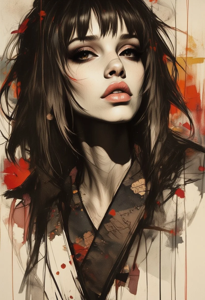 OBxiaoxiang, Inkplash art on rice paper, sepia, henna , Silhouette Art, magnificent, dark background, inksplash portrait of stunning japanese woman, long hair, bangs, seductive, sultry, lustful, red lips, direct gaze, light hitting one side of face, inksplash gradient colour background