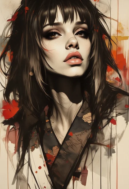OBxiaoxiang, Inkplash art on rice paper, sepia, henna , Silhouette Art, magnificent, dark background, inksplash portrait of stunning japanese woman, long hair, bangs, seductive, sultry, lustful, red lips, direct gaze, light hitting one side of face, inksplash gradient colour background