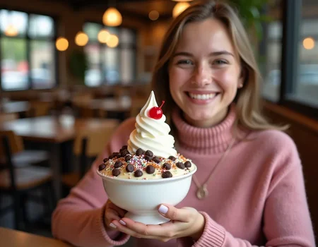 A photo of a young woman holding a bowl of frozen yogurt sundae. The sundae has a variety of toppings, including chocolate chips, sprinkles, and a cherry on top. The woman is wearing a pink sweater and a necklace. The background is a cozy cafe with wooden furniture.