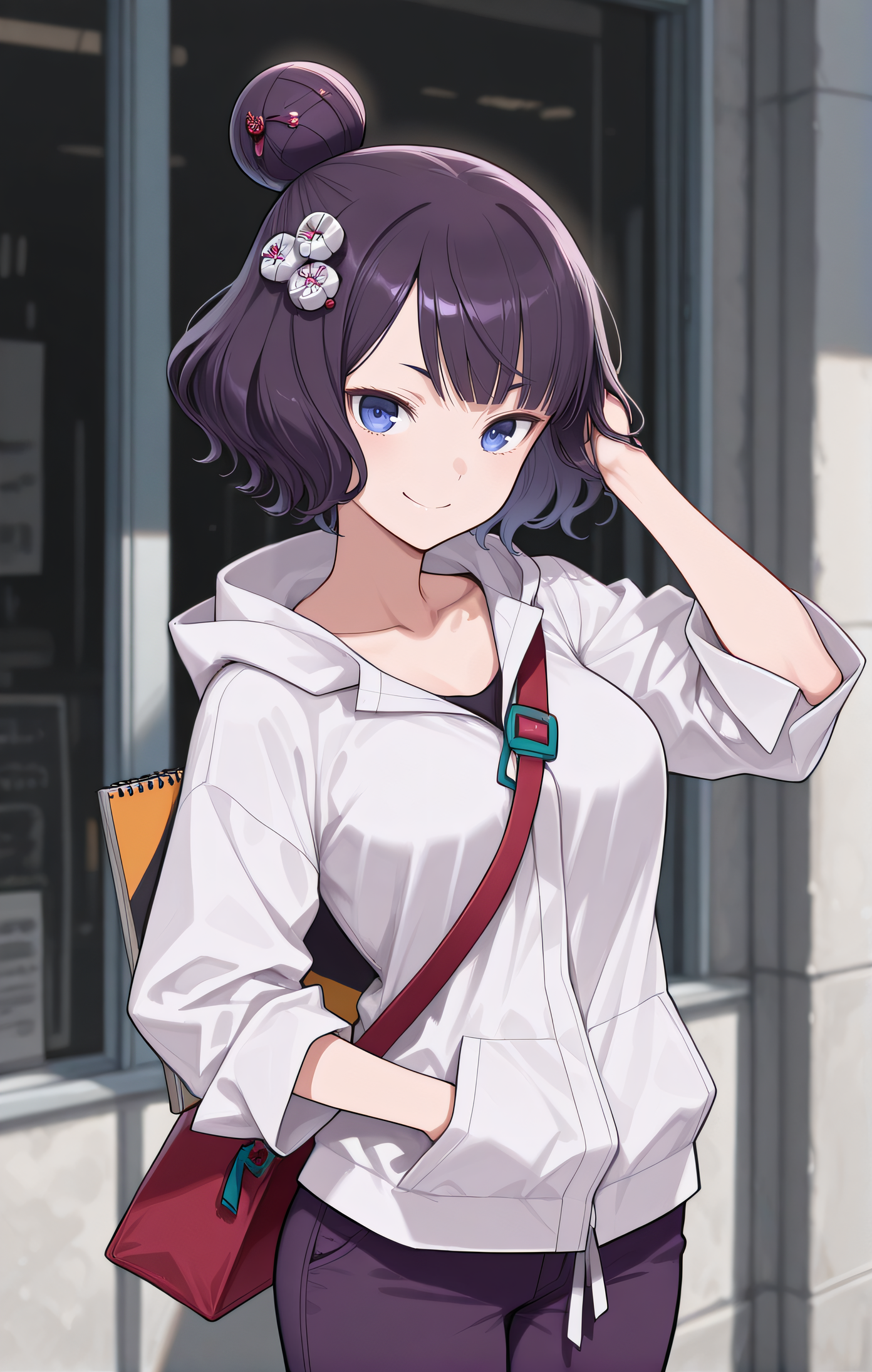 masterpiece, best quality, amazing quality, highres, absurdres, very aesthetic, high resolution, ultra detailed, perfect details, 1girl, solo, <lora:IL_Katsushika_Hokusai:1>, katsushika hokusai (fate), tokitarou (fate), oui, purple hair, single hair bun, blue eyes, hooded jacket, collarbone, purple pants, sketchbook, red shoulder bag, looking at viewer, smile, hand on hair, cowboy shot, outdoor