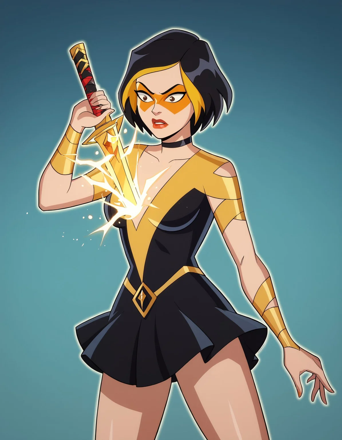 score_9, score_8_up, score_7_up, score_6_up BREAK, g0g1-dh, 1girl, solo, short hair, black hair, gold hair, multicolored hair, choker, domino mask, makeup, lipstick, gloves,black dress,human scabbard, holding, holding weapon, holding sword, glowing, aura <lora:Golden_Glider_Kite_Man_r1:0.7> <lora:HumanScabbardV2_XLPD:1>