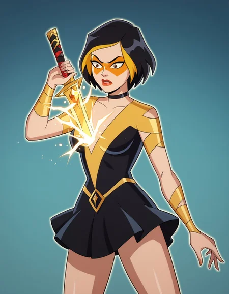 score_9, score_8_up, score_7_up, score_6_up BREAK, g0g1-dh, 1girl, solo, short hair, black hair, gold hair, multicolored hair, choker, domino mask, makeup, lipstick, gloves,black dress,human scabbard, holding, holding weapon, holding sword, glowing, aura <lora:Golden_Glider_Kite_Man_r1:0.7> <lora:HumanScabbardV2_XLPD:1>