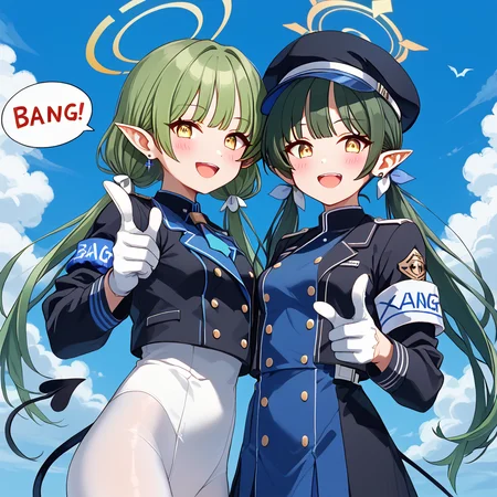 score_9, score_8_up, score_7_up, 2girls, anime source, extremely detail face, hikari \(blue archive\), nozomi\(blue archive\), green hair, long hair, twintails, pointy ears, yellow eyes, small breasts, double-breasted, armband, blue hat, black jacket, blush, jacket, cropped jacket, earrings, white gloves, halo, long sleeves, white pantyhose, demon tail, sidelocks, BREAK, looking at viewer, open mouth, smile, pointing at viewer, finger gun, bang (gesture), bubble speech "BANG", blended background <lora:Finger_gun_Shooting_Bang_Pose_for_Pony:1>