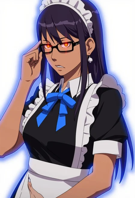 Anime-styled illustration close-up portrait of the character Kakudate Karin from the Blue Archive video-game.
A detailed image of a young woman with a sophisticated and serious expression. She has long, straight, dark purple hair that cascades down her back, and her skin tone is dark. Her eyes are sharp and piercing, with a striking golden-yellow color, with a bright, glowing red light in the center of each pupil which stand out, adding intensity to her gaze. She wears black-framed glasses, which she adjusts with one hand, giving her a thoughtful or analytical appearance.
The character is dressed in a traditional maid outfit, which includes a black dress with white accents. The dress has short sleeves with white cuffs, and she wears a white apron over it. A blue ribbon is tied in a bow at the collar, adding a pop of color to the otherwise monochrome outfit. On her head, she wears a white maid headband, which contrasts with her dark hair.
Her posture is upright and confident, with one arm crossed under her chest while the other adjusts her glasses. The background should be simple or transparent to emphasize the character's design.
Kakudate Karin is highlighted by a faint glowing blue outline around it, indicating that they might be using or preparing to use some sort of power or ability. C0NTR4CT0R