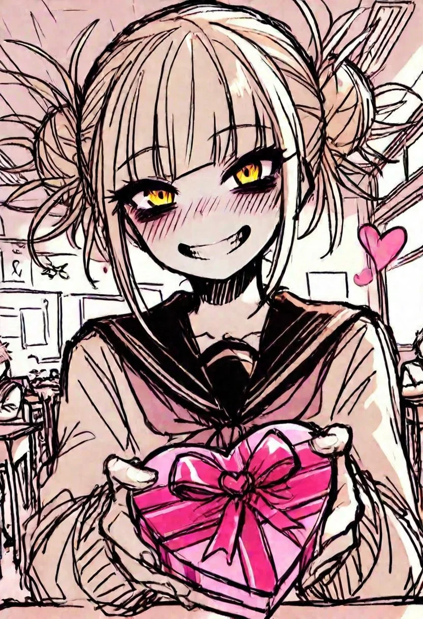 sketchy_valentine_style, best quality, sketch, 1girl, toga himiko, grin, bags under eyes, school uniform, classroom, heart-shaped gift box