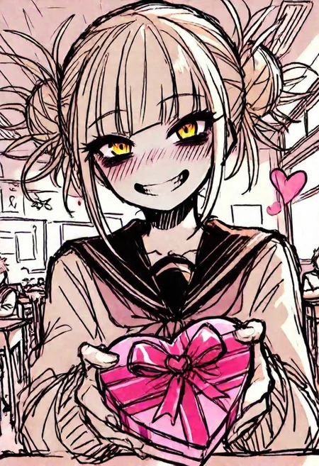 sketchy_valentine_style, best quality, sketch, 1girl, toga himiko, grin, bags under eyes, school uniform, classroom, heart-shaped gift box
