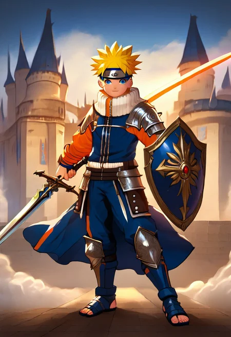 uzumaki naruto, blonde hair, spiked hair, blue eyes, whisker markings, facial mark, forehead protector, 1boy, solo, solo focus, teen, equip heavy knight armor, metalic blue armor theme, (right hand holding a sword:1.20), standing pose, solo, full body, happy expression, sword and shield, castle in the background