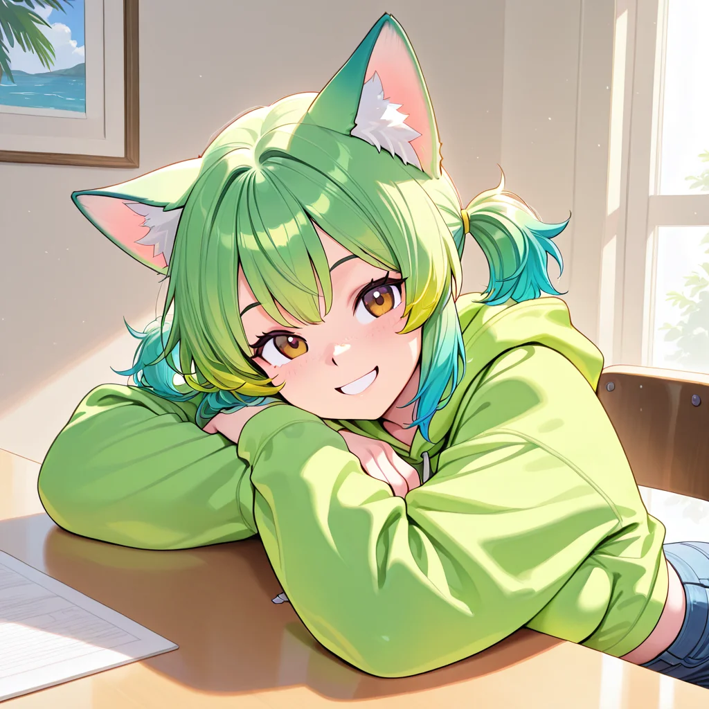 1girl, Klover, hoodie, smiling, leaning on table <lora:Klover Illustrious:1>