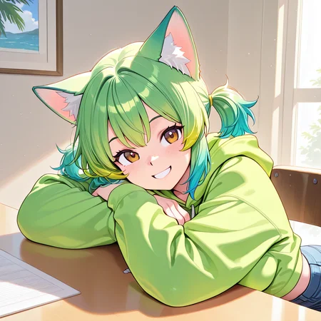 1girl, Klover, hoodie, smiling, leaning on table <lora:Klover Illustrious:1>