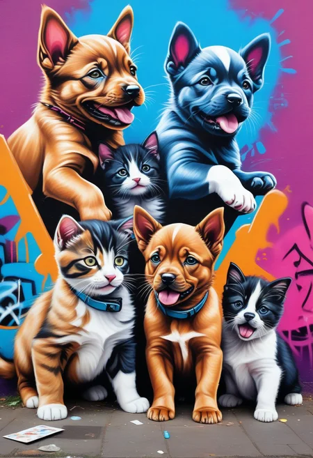 Jed-Gr4ff1t1,a group of baby kittens and dog puppies playing with each other , full of details, masterpiece, positivie emotional
