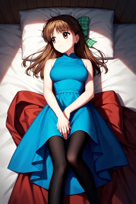 score_9, score_8_up, score_7_up, score_6_up, rating_safe, source_anime, best quality, masterpiece, detailed background, detailed eyes, laying on bed, from above view, blue dress, <lora:kurata-sayuri-xl-02:1.2>, kurata sayuri, black leggings, (looking away), sad, medium breasts, brown hair, hair bow, brown eyes,