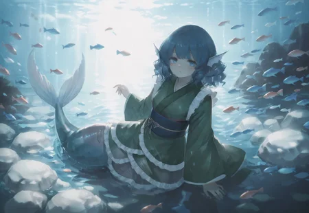 volumetric lighting, ambient occlusion, luminescent background, masterpiece, very awa,underwater, mermaid, a mermaid swimming towards a beam of light, dynamic angle,cinematic angle, blue tint, water reflections, looking at viewer, surrounded by colorful fish, mermaid tail, dynamic pose,
BREAK
wakasagihime, 1girl, solo, blue eyes, blue hair, short hair, drill hair, head fins, mermaid,green kimono, frilled kimono, wide sleeves, blue obi, yellow obijime,elegant
