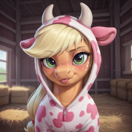 score_9, score_8_up, score_7_up, score_6_up, pony, feral, mare, solo, (applejack), no breasts, barn, haystacks, indoors, tail, photo_realistic, blushing female, anatomically correct, p1nkc0w, pink cow print, hood up, onesie, horns, horny face, looking at you, anatomically correct, looking at you, seduce, seducing, inviting look, dynamic pose, dramatic angle, upper body, face focus, tongue out, closed mouth,