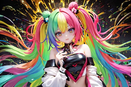 (otherworldly), highly insanely detailed, masterpiece, top quality, best quality, highres, 4k, 8k, RAW photo, (very aesthetic, beautiful and aesthetic), farm, fields, barn, fence, fantfa, <lora:FantasyFarm-10:0.7>,
1girl,
(dark red hair,pastel yellow hair ,split-color hair,dual-toned hair,two-tone hair,multi_color_hair,multicolored hair,multi colored hair),
(yellow background),âââ