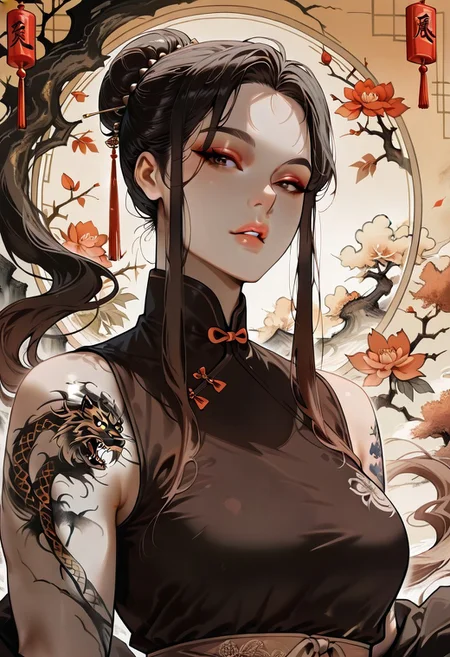 masterpiece, best quality, 32k, high resolution, absurdres, Chinoiserie, Mei, MeiRH, 1woman, mature woman, chinese woman, Very long black hair, brown gradient hair, high hair bun, brown eyes, asian eyes, pale skin, medium breasts, full right arm tattoo, big back tattoo, portrait, face closeup, front view, sleeveless Chinese dress, color splashes background, aesthetic, detailed eyes, upper body, looking at the viewer, parted lips