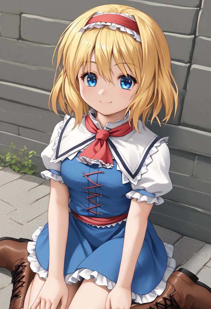 score_4,score_5,score_6,score_7_up,score_8_up,score_9
((masterpiece,best quality,ultra detailed,highres,HD,4k:1.2)),
1 cute girl,solo,
aliceN,alice margatroid, medium hair, blonde hair, blue eyes, ,red hairband,frilled hairband,
white capelet, blue dress, frilled dress, frilled ascot, red ascot, puffy short sleeves, brown footwear, cross-laced footwear, boots,
smile,