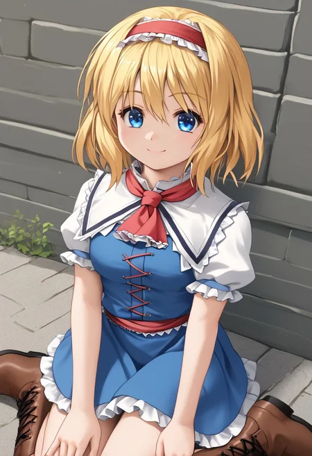 score_4,score_5,score_6,score_7_up,score_8_up,score_9
((masterpiece,best quality,ultra detailed,highres,HD,4k:1.2)),
1 cute girl,solo,
aliceN,alice margatroid, medium hair, blonde hair, blue eyes, ,red hairband,frilled hairband,
white capelet, blue dress, frilled dress, frilled ascot, red ascot, puffy short sleeves, brown footwear, cross-laced footwear, boots,
smile,