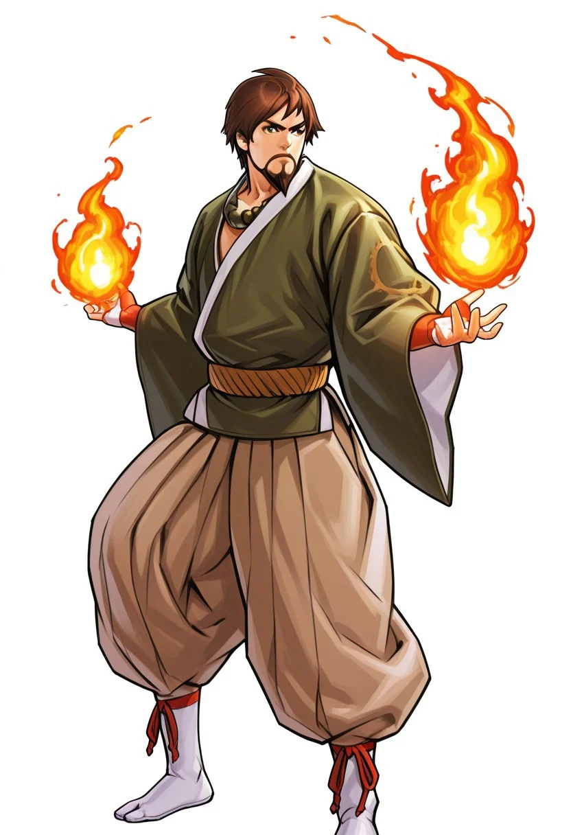 masterpiece, high quality, absurdres, very aesthetic, best quality, amazing quality, high resolution, <lora:KOF2002UM_Style_RHM:1>, KOF2002UM, Hiroaki, SNK, flat background, white background, 1boy, kof_saisyu, brown hair, brown eyes, facial hair, beads, green kimono, tan pants, tabi, pyrokinesis, looking away, frown,