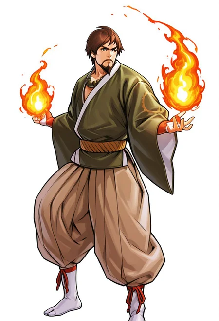 masterpiece, high quality, absurdres, very aesthetic, best quality, amazing quality, high resolution, <lora:KOF2002UM_Style_RHM:1>, KOF2002UM, Hiroaki, SNK, flat background, white background, 1boy, kof_saisyu, brown hair, brown eyes, facial hair, beads, green kimono, tan pants, tabi, pyrokinesis, looking away, frown,