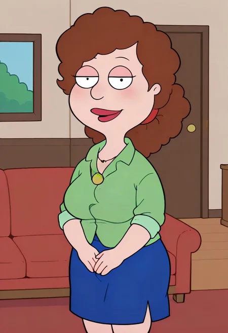 score_9, score_8_up, score_7_up, score_6_up, high quality, rounded eyes, style parody, cartoon style, 1girl, solo, living room, couch, indoors,
BREAK
unnamed girl, brown hair, black eyes, (mature female:1.5), (plump:1.2), large breasts, gigantic hips, green sweater, rolled up sleeves, blue skirt, stockings, own hand together, blush, smile, looking at viewer, long skirt, half-closed eyes, necklace,
