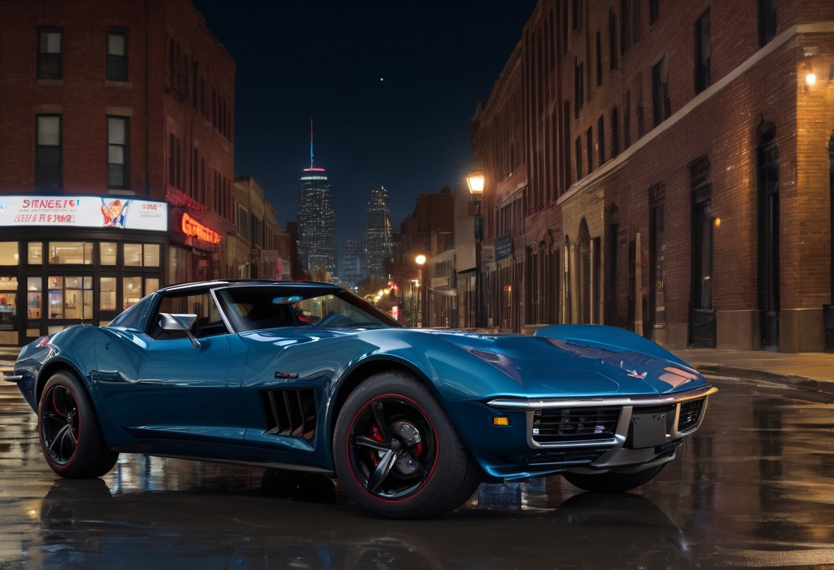2023 corvette stingray with spiderman paints job, head lights on, city streetlamps, nighttime, Glowing moon background, deep rich, glossy colors, High Resolution HDR, 8K