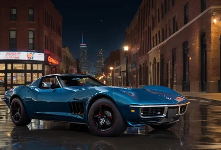 2023 corvette stingray with spiderman paints job, head lights on, city streetlamps, nighttime, Glowing moon background, deep rich, glossy colors, High Resolution HDR, 8K