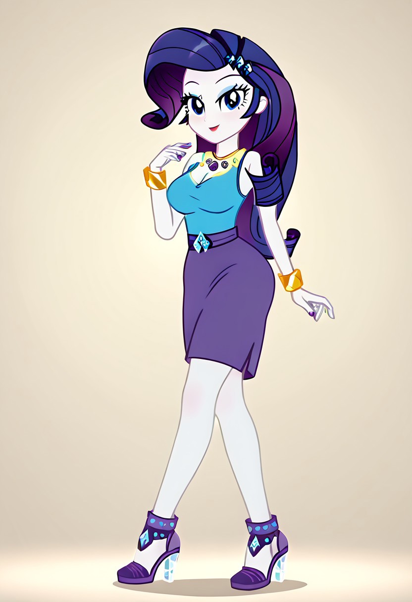 (High Resolution), (More Details), (8K), (High Resolution), Score_9, Score_8_up, Score_7_up, Volumetric lighting, Intricate, Rarity, equestria girls, 1 girl, rarity peplum dress, pencil skirt, purple skirt, shielding geode, Jewelry, bracelets, High heels, Full body, Sexy and sensual model body, pose, seductive and flirtatious look, beautiful, attractive, Mature body, big breasts,