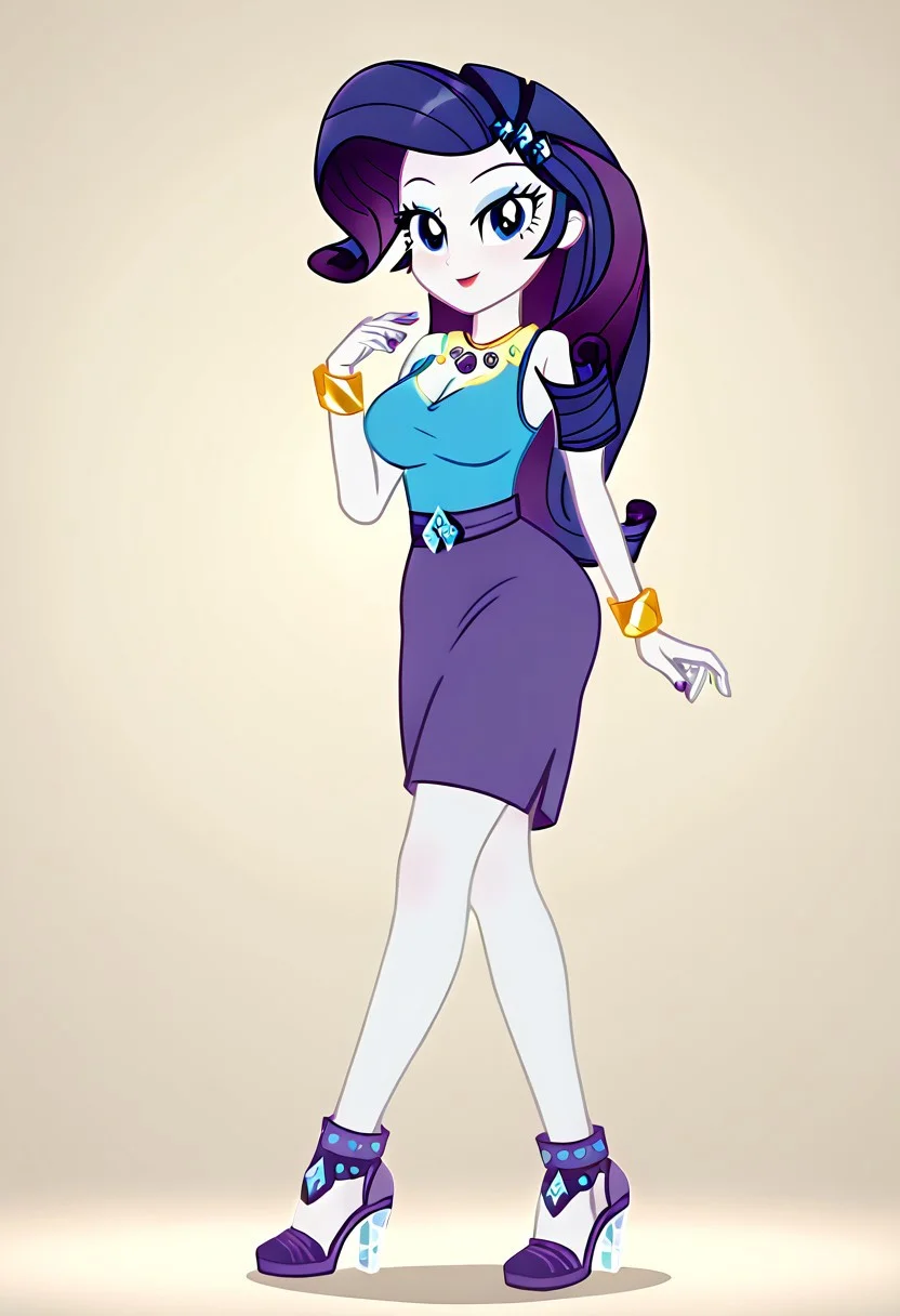 (High Resolution), (More Details), (8K), (High Resolution), Score_9, Score_8_up, Score_7_up, Volumetric lighting, Intricate, Rarity, equestria girls, 1 girl, rarity peplum dress, pencil skirt, purple skirt, shielding geode, Jewelry, bracelets, High heels, Full body, Sexy and sensual model body, pose, seductive and flirtatious look, beautiful, attractive, Mature body, big breasts,