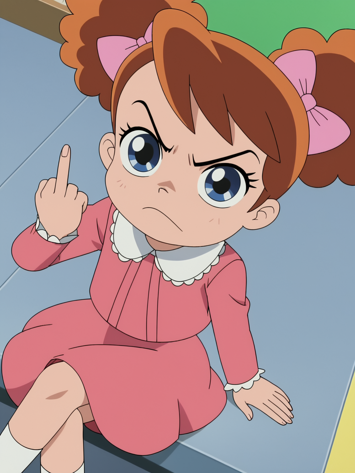 masterpiece, best quality, amazing quality, very aesthetic, absurdres, newest, dynamic_angle, defined facial features, clear picture, anime screencap,
<lora:Kinoko_Morino_PDv0:0.8> kinoko morino, pink bow, pink one-piece dress, looking at viewer, cute pose, solo, angry, middle finger, sitting, crossed legs,