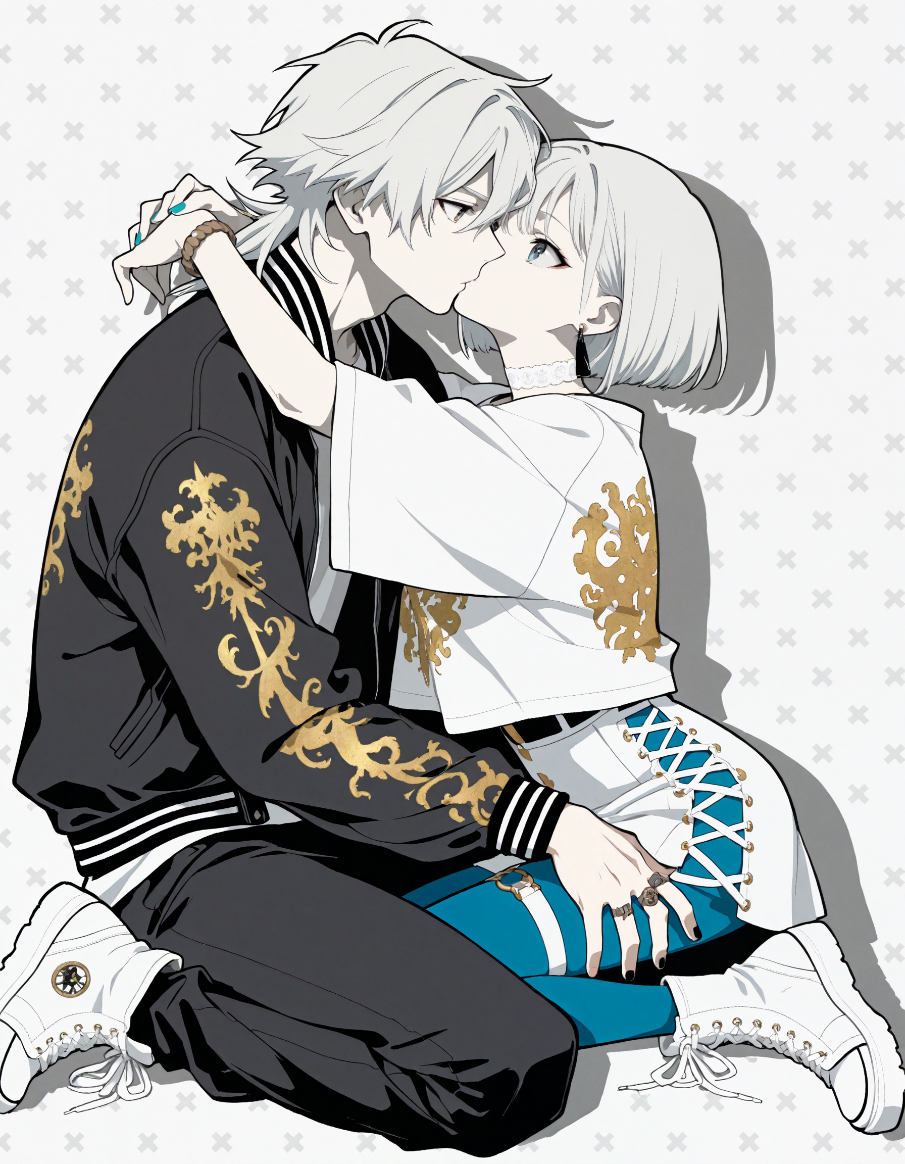 (flat_colors:1, anime_coloring, vector_trace:1), incredibly_absurdres, very_aesthetic, dutch_angle)
(MCHI-Illu, patterned_background, muted_colors, spot color, three-quarter_view, bracelet, white_theme, white_skin, 1girl, 1boy, gold design print, white hair, pontyail, short hair, mullet, hetero, couple, white shirt, blue nails, black jacket, white choker, black nails, earrings, rings, hugging, arms_around_neck, sitting, seiza, blue pantyhose, sukajan, thigh strap, torn_clothing, sneakers, lace-up_boots, white shoes, drop shadow)