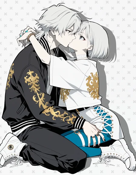 (flat_colors:1, anime_coloring, vector_trace:1), incredibly_absurdres, very_aesthetic, dutch_angle)
(MCHI-Illu, patterned_background, muted_colors, spot color, three-quarter_view, bracelet, white_theme, white_skin, 1girl, 1boy, gold design print, white hair, pontyail, short hair, mullet, hetero, couple, white shirt, blue nails, black jacket, white choker, black nails, earrings, rings, hugging, arms_around_neck, sitting, seiza, blue pantyhose, sukajan, thigh strap, torn_clothing, sneakers, lace-up_boots, white shoes, drop shadow)