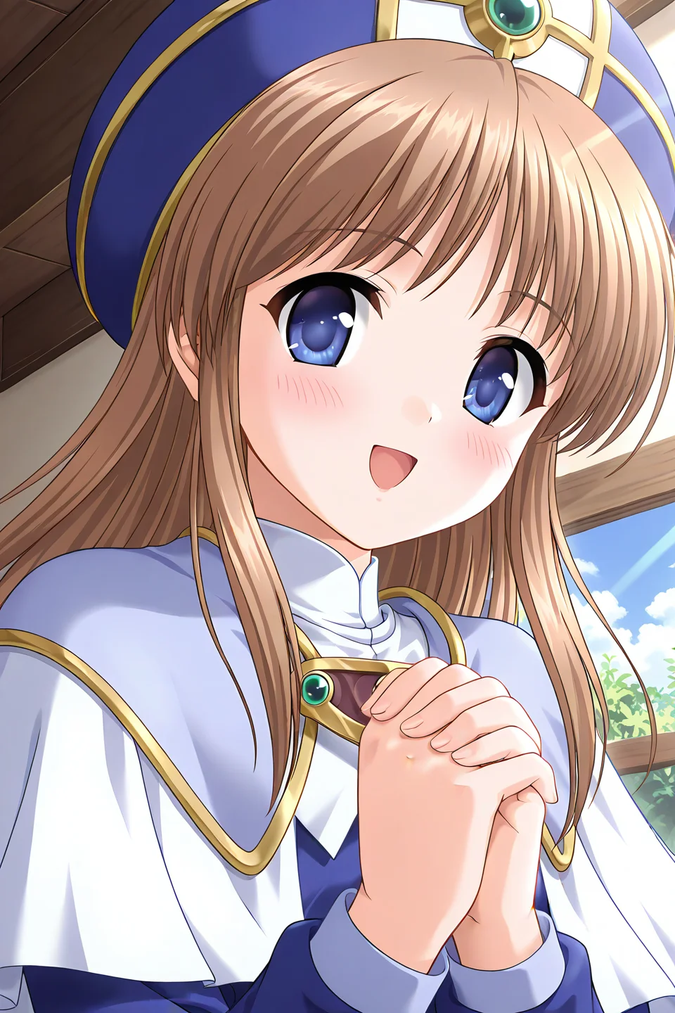 masterpiece, best quality, absurdres, official art, official style, zPDXL2, zPDXLxxx, rating sensitive, sexually suggestive, nsfw, uncensored BREAK <lora:sylphycloud_IL_v1-1:0.7>, sylphy cloud, 1girl, solo, blue eyes, brown hair, long hair, bangs, flat chest,
priest, hat, blue headwear, gem, brooch, turtleneck, pendant, layered capelet, light purple capelet, white capelet, robe, blue dress, long sleeves, own hands together, own hands clasped, open mouth, blush, smile, :d, fingernails, looking at viewer, interlocked fingers, praying, upper body, close-up, indoors, happy, cross, sunlight, lily pad, portrait, scenery, flower