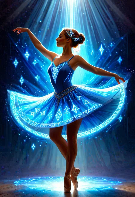 a ballerina wearing a blue tutu with glowing runes, dancing, magical