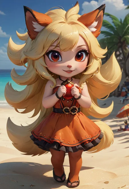 furry fox girl, ((brown fox)), (chibi), 
bad fox, with red big eyes,  beach,
(orange) dress, portrait, long blonde hair,
Hyperrealistic art high-quality portrait flat matte drawing of a cute Nendoroid and cartoon style, anime flat style, thick drawing, medium close-up", (solo:1.2), photorealistic:1.5, 8k, texture skin, realistic skin, detailed skin, highest detailed, extreme detailed, 8k wallpaper, colorful, (dark magic), ring with the stone, (intricate details), (hyperdetailed), 8k hdr, high detailed, lot of details, high quality, soft cinematic light, atmospheric perspective (focus on), color Ink wash painting, Extremely high-resolution details, photographic, realism pushed to extreme, fine texture, incredibly lifelike,