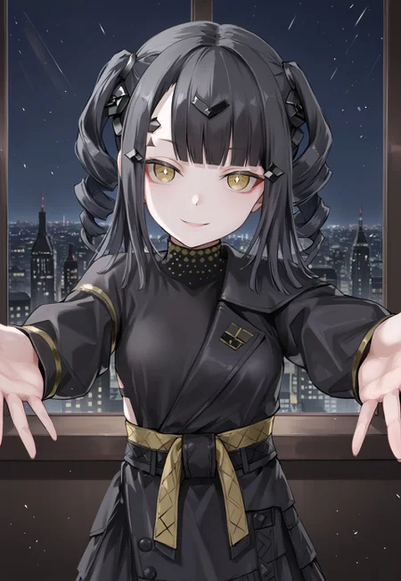Nimogen, blunt bangs, black hair, black dress, long hair, twintails, sleeves past wrists, long sleeves, yellow eyes, hair ornament, small breasts, drill hair, pale skin, yellow sash, twindrills,

looking at viewer, head tilt, hand up, outstretched arms, reaching toward viewer, half-closed eyes, evil smile, 
 
window, city, cityscape, dark, night, night sky,

1girl, solo, solo focus, highres, absurdres, light particles, shade, lens flare, shiny skin, fine fabric emphasis,